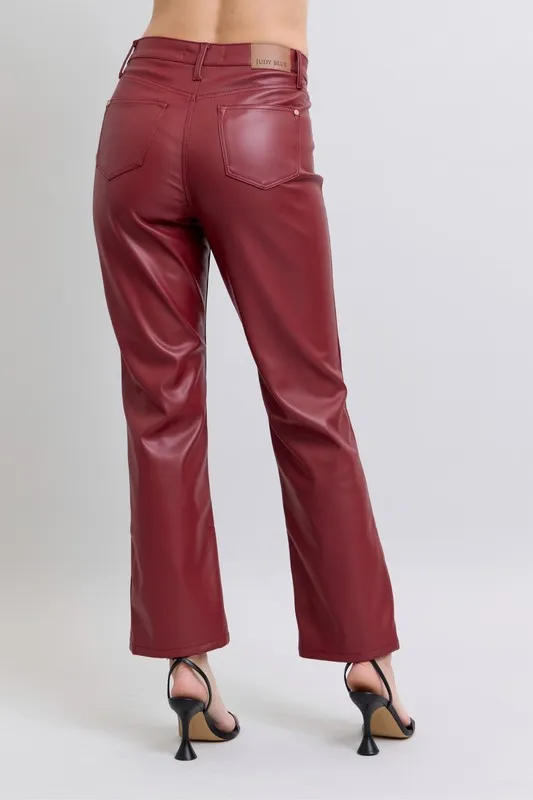 Blue Full Size High Waist Tummy Control Faux Leather Straight Pants Plus Size