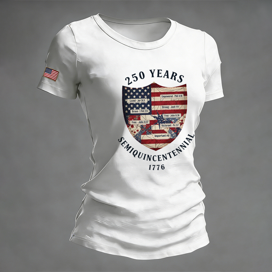 Women's 250 YEARS Semiquincentennial Shield Bible Verse Print T-Shirt