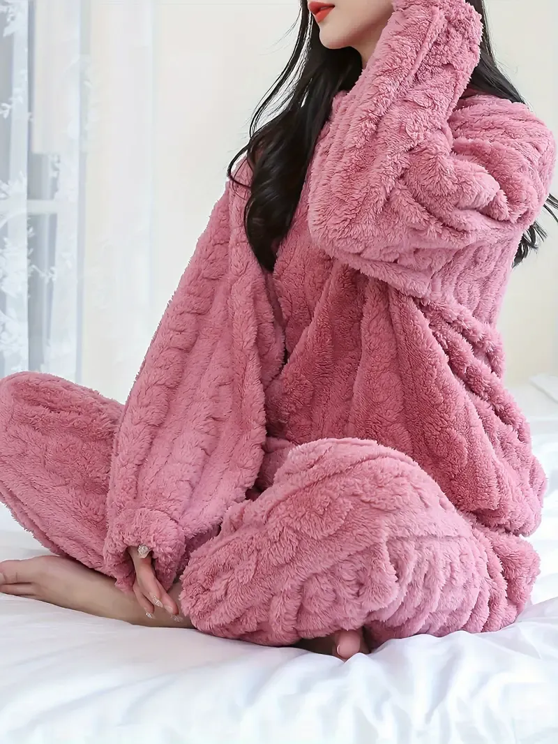 Women'S Cozy Plush Pajama Set - 100% Polyester Long Sleeve Crew Neck Loungewear with Solid Color Pullover Top and Long Pants for