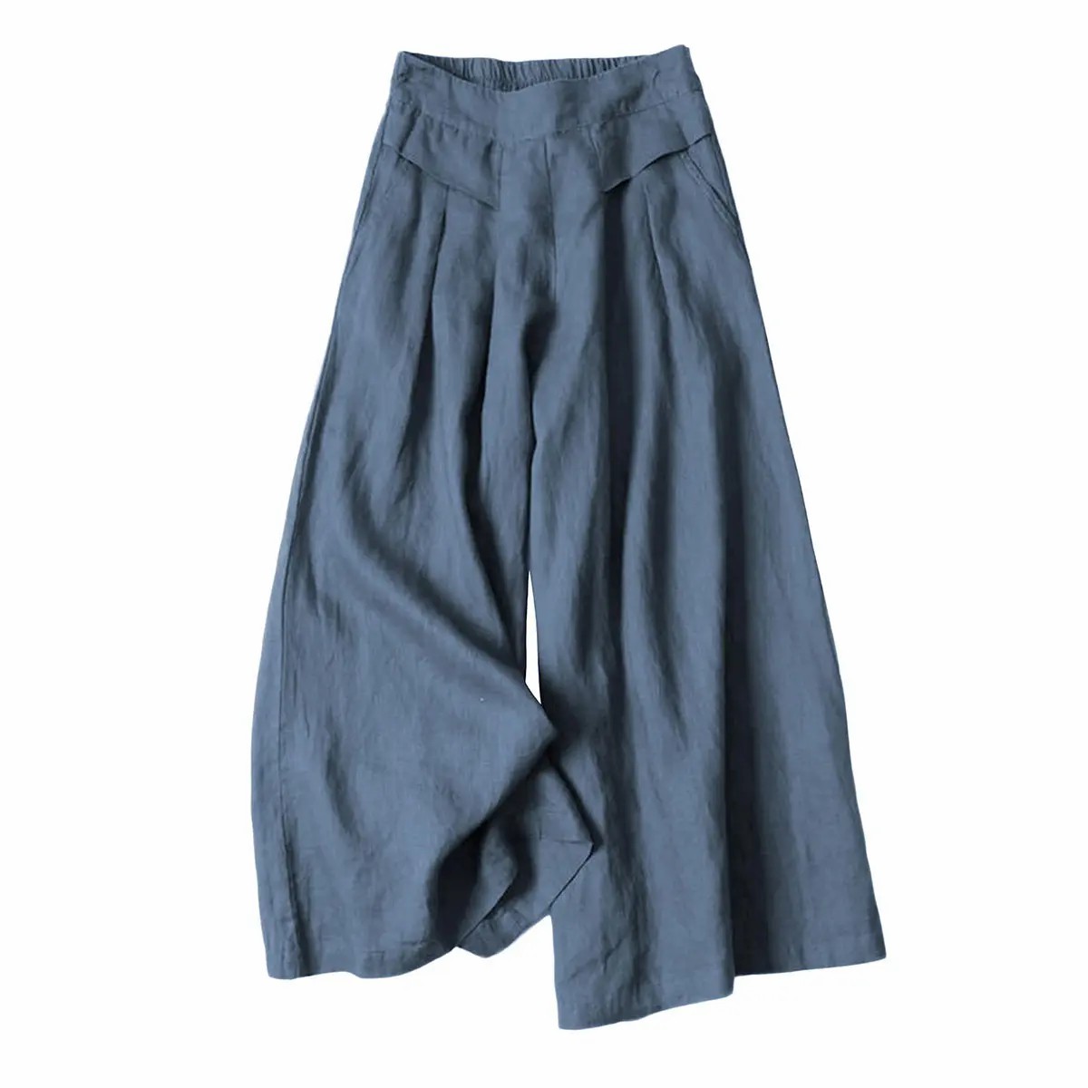 Women's Cotton Linen Wide Leg Culottes – Elastic Waist, Pockets, Minimalist Casual Capri Pants