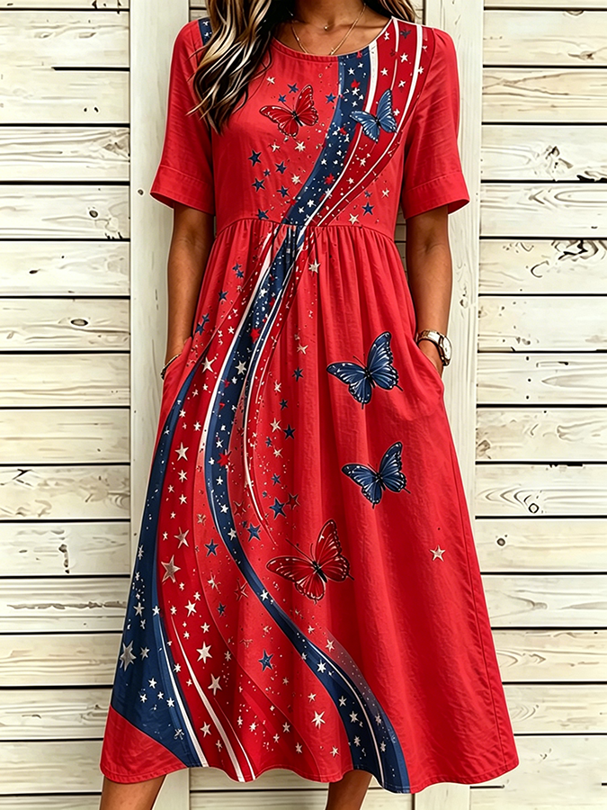 Women's National Flag Floral Print Cotton Linen Short-Sleeved Dress