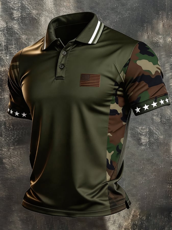 Men's Retro Patriotic Color-Block Short-Sleeve Polo Shirt