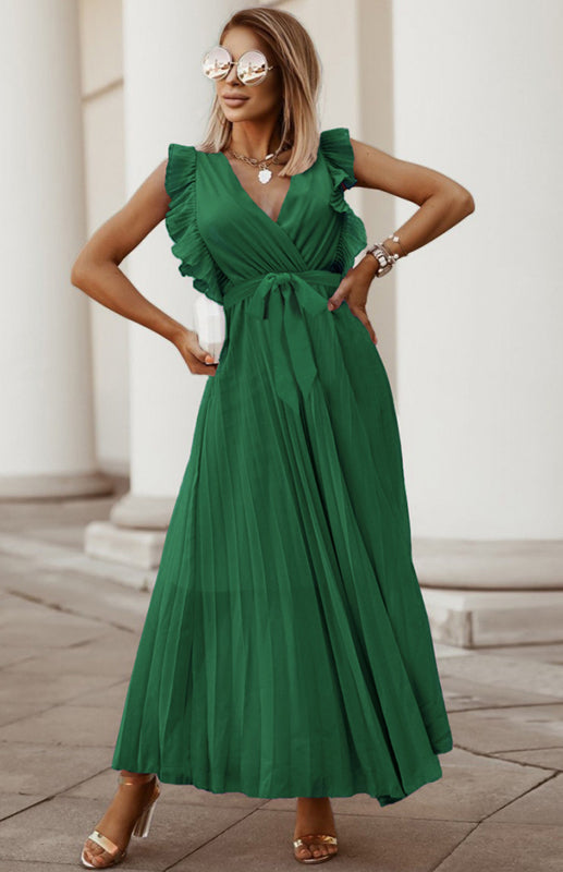 Slim Fit Lotus Leaf Sleeve Chiffon Pleated Skirt Solid Color Dress