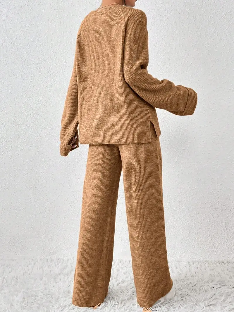 Women's Raglan Sleeve Split Long Sleeve Sweater & Elastic Waist Pants Set