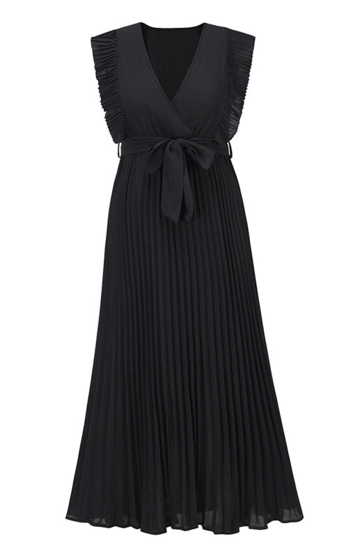 Slim Fit Lotus Leaf Sleeve Chiffon Pleated Skirt Solid Color Dress