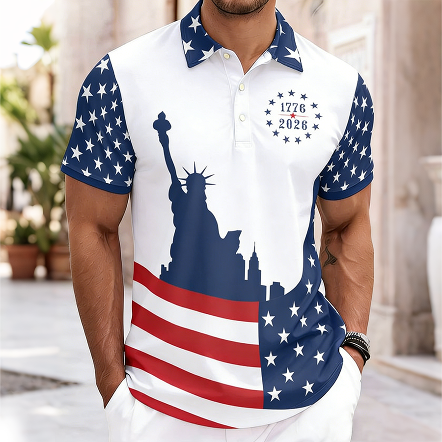 Men'S Casual American Pentagram Flag 1776-2026 Statue Of Liberty Personalized Printed Lapel T-Shirt