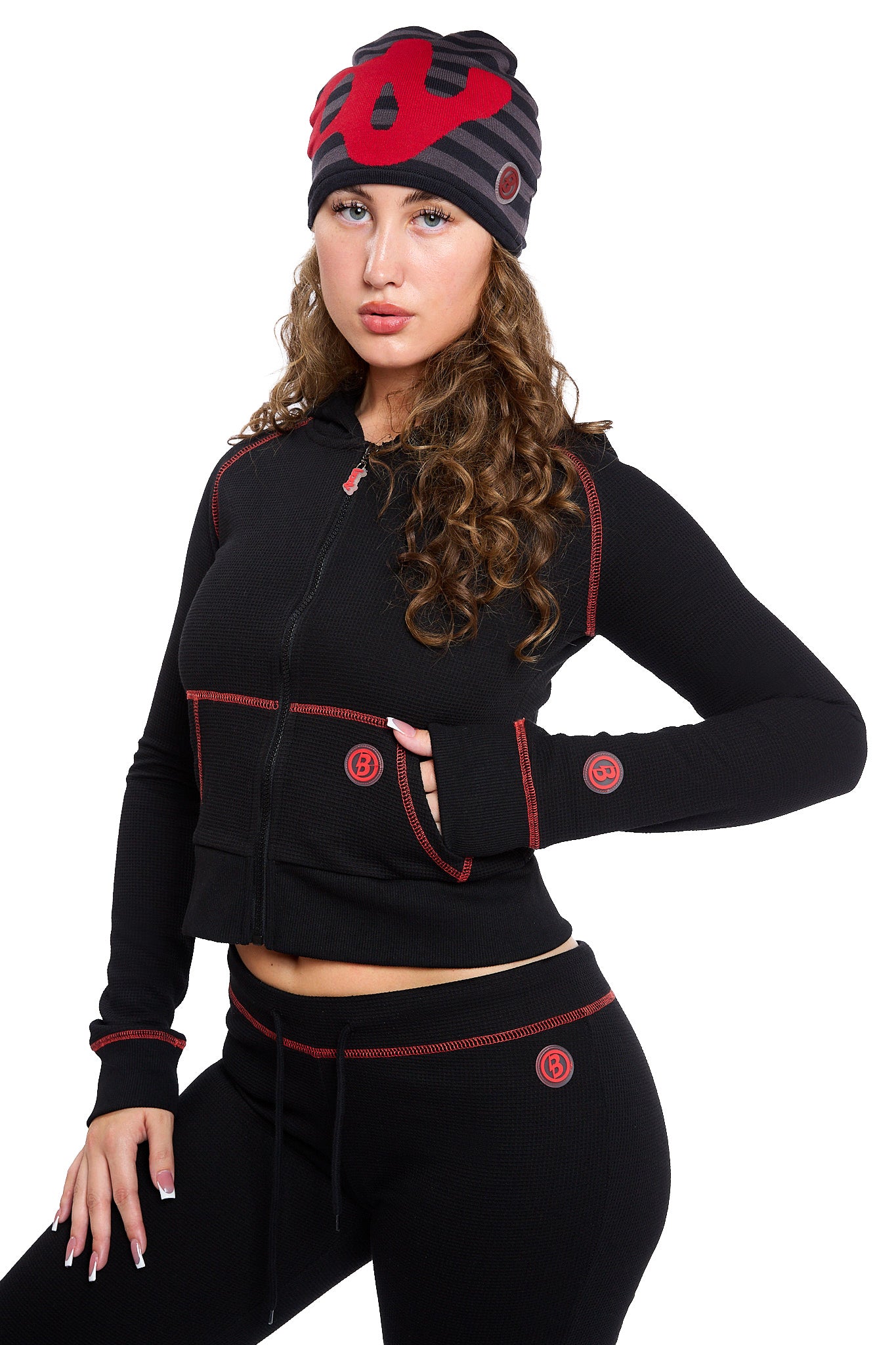 WAFFLE KNIT HOODIE (BLACK CHERRY/RED)