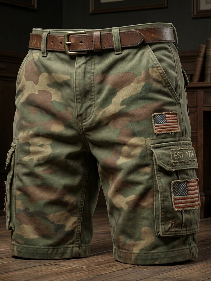 Men's Camouflage American Flag Art Print Denim-Like Cargo Shorts