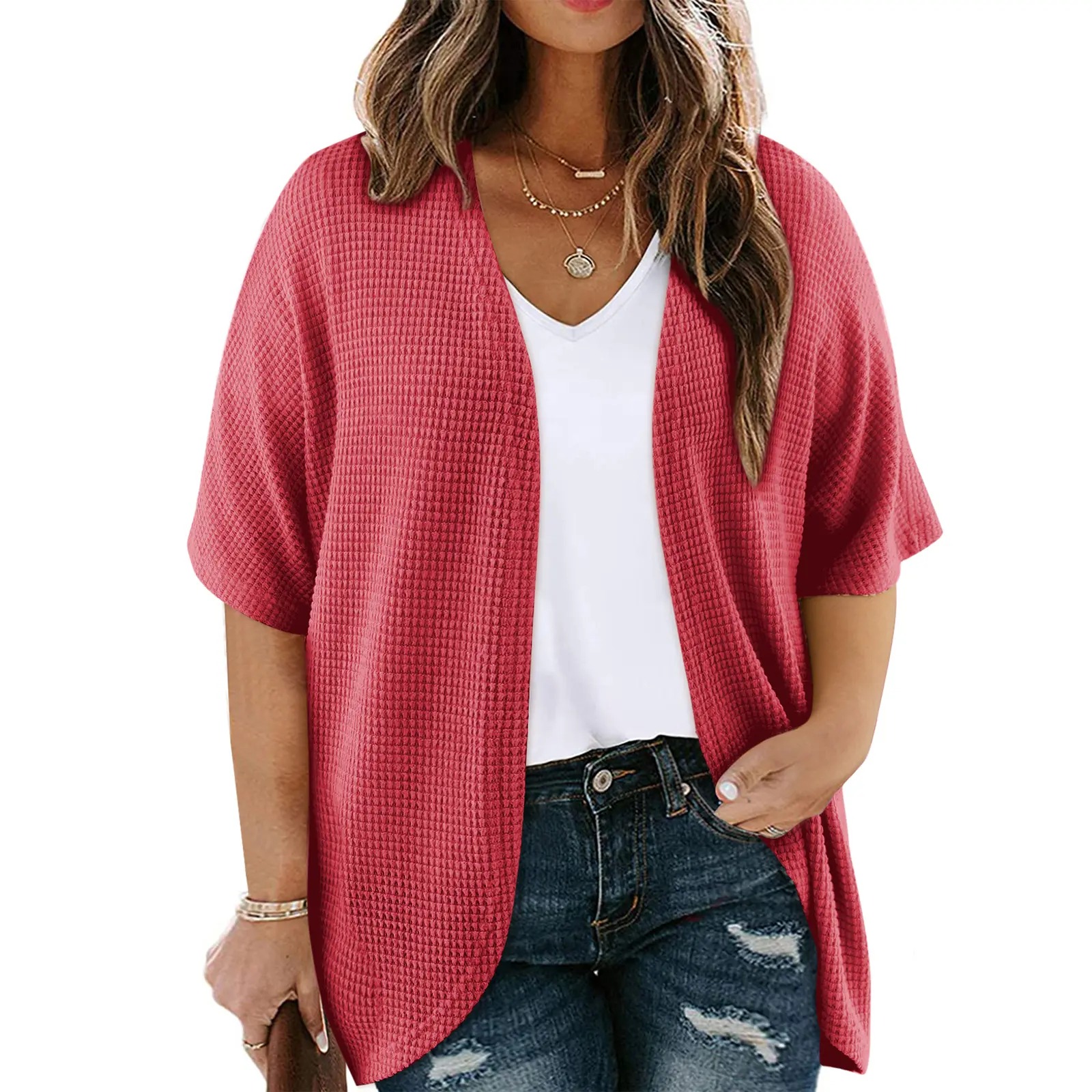Women's Plus Size Cardigan Casual Short Sleeve Waffle Knit Kimono Open Front Tops(1X-5X)