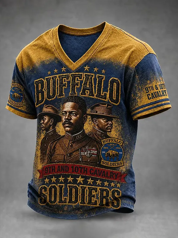Men's Retro Nostalgic Buffalo Soldier Art Print Casual V Neck T-Shirt