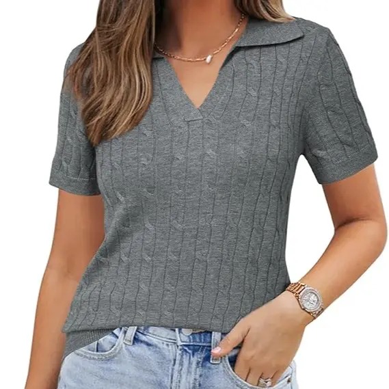 Women's Short Sleeve Wool Blend Polo Sweater