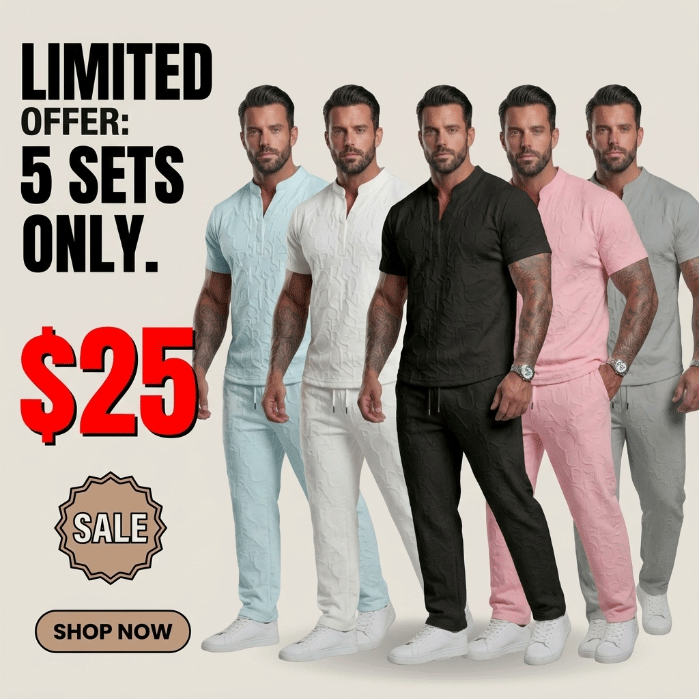 Men's Textured Letter Embossed Tee & Drawstring Waist Pants