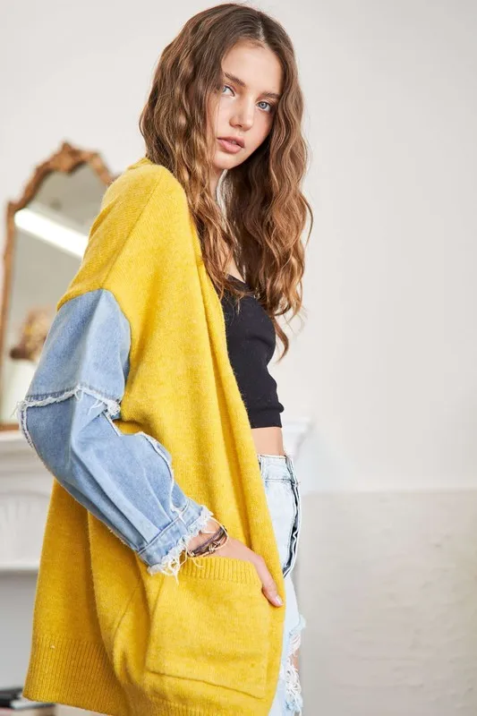 Full Size Frayed Denim Sleeve Sweater Cardigan Plus Size