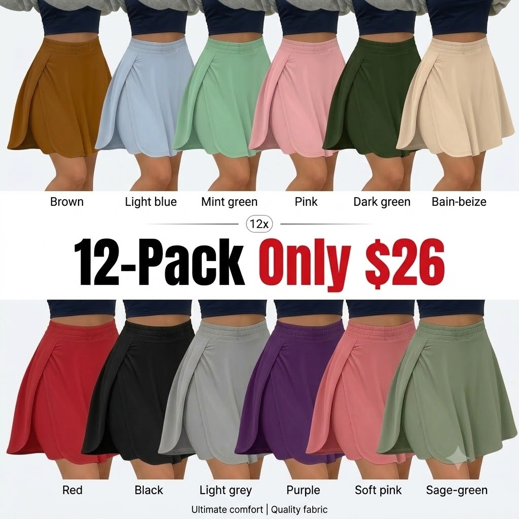 Women's Solid Color Skort – 2-Piece Anti-Exposure Shorts Under Skirt