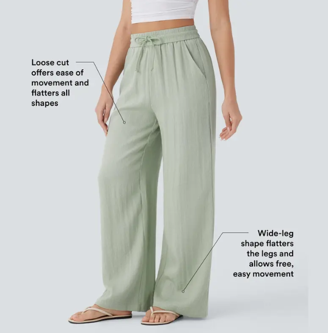 High Waisted Drawstring Pocket Wide Leg Baggy Casual Linen-Feel Pants