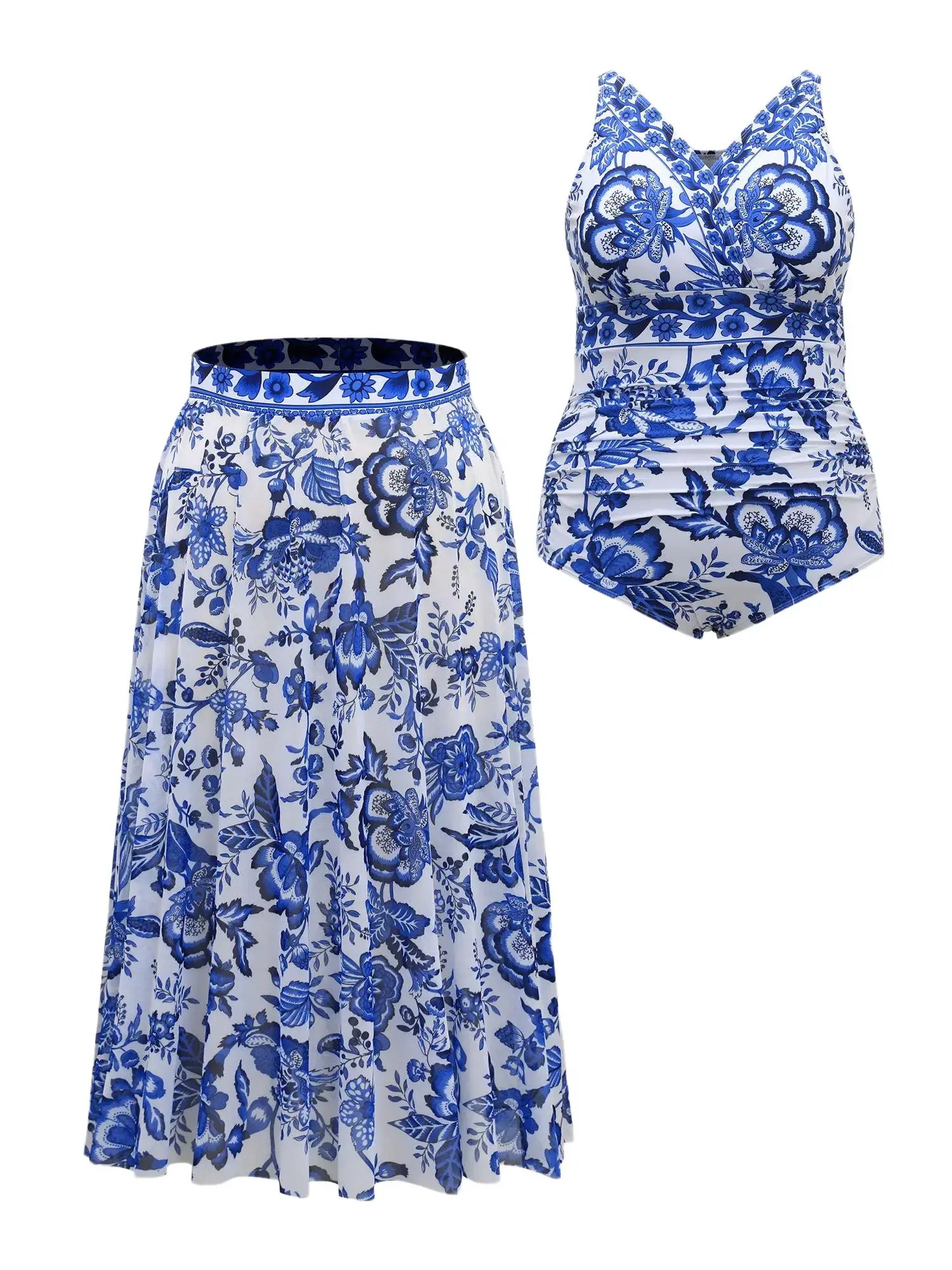 BlOOMCHIC Mid-Plus Size Two-Piece Floral Print Full Coverage Ruched Mesh Swimsuit