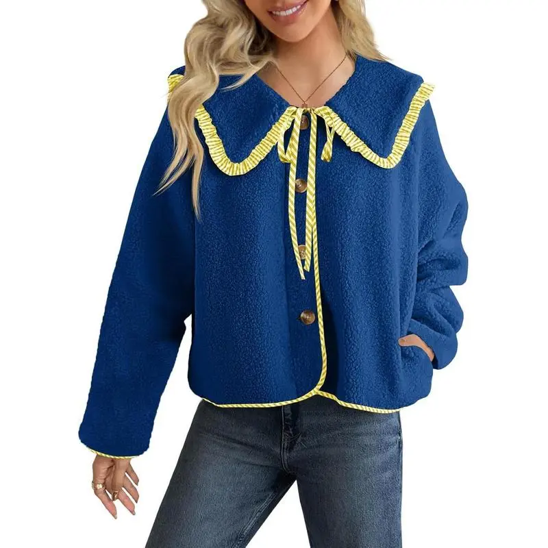 Womens Fuzzy Fleece Jacket Peter Pan Collar Button Down Fall Winter Sherpa Coats