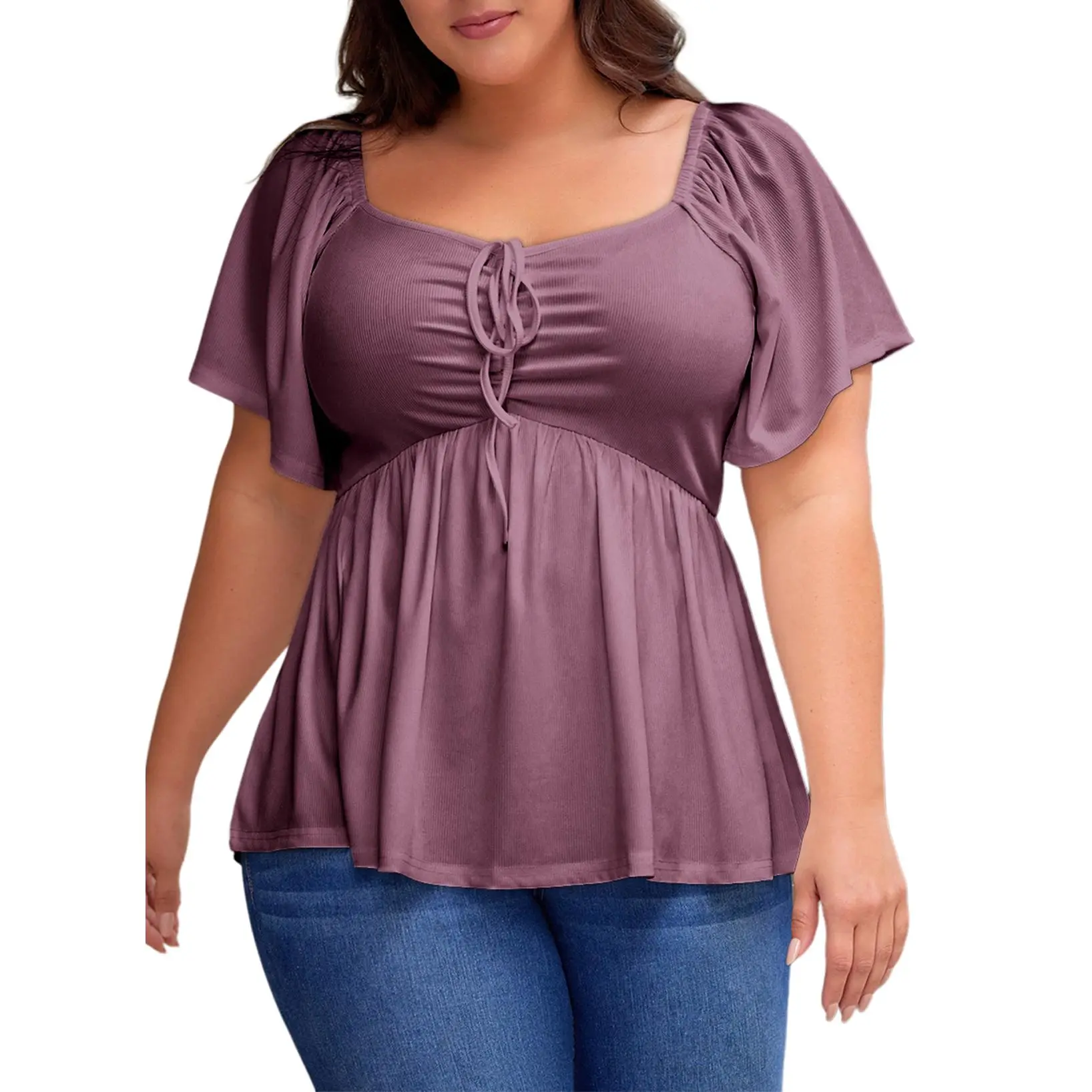 Women Sweetheart Neck Short Sleeve Shirred Peplum Rib Blouse Tops Shirts