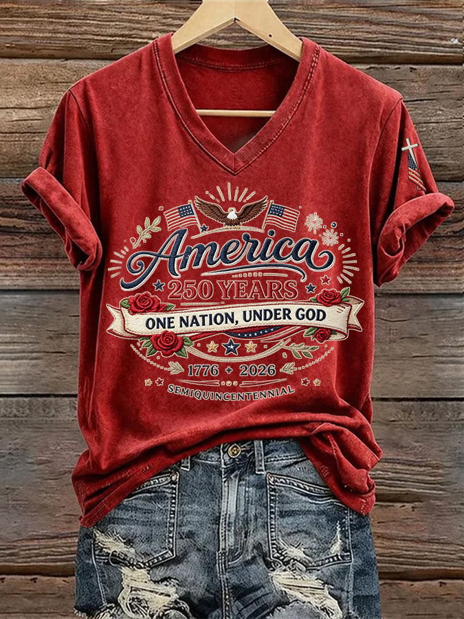 Women's America 250 Years One Nation Under God Print V Neck T-shirt