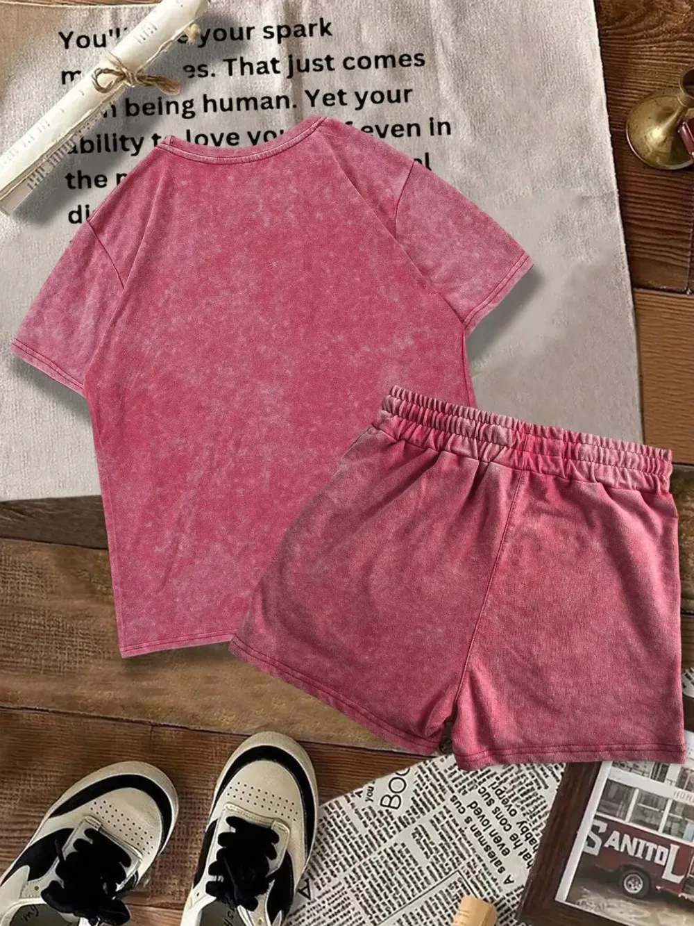 Two-piece Set Women's Solid Color Denim-effect Print Tee & Shorts