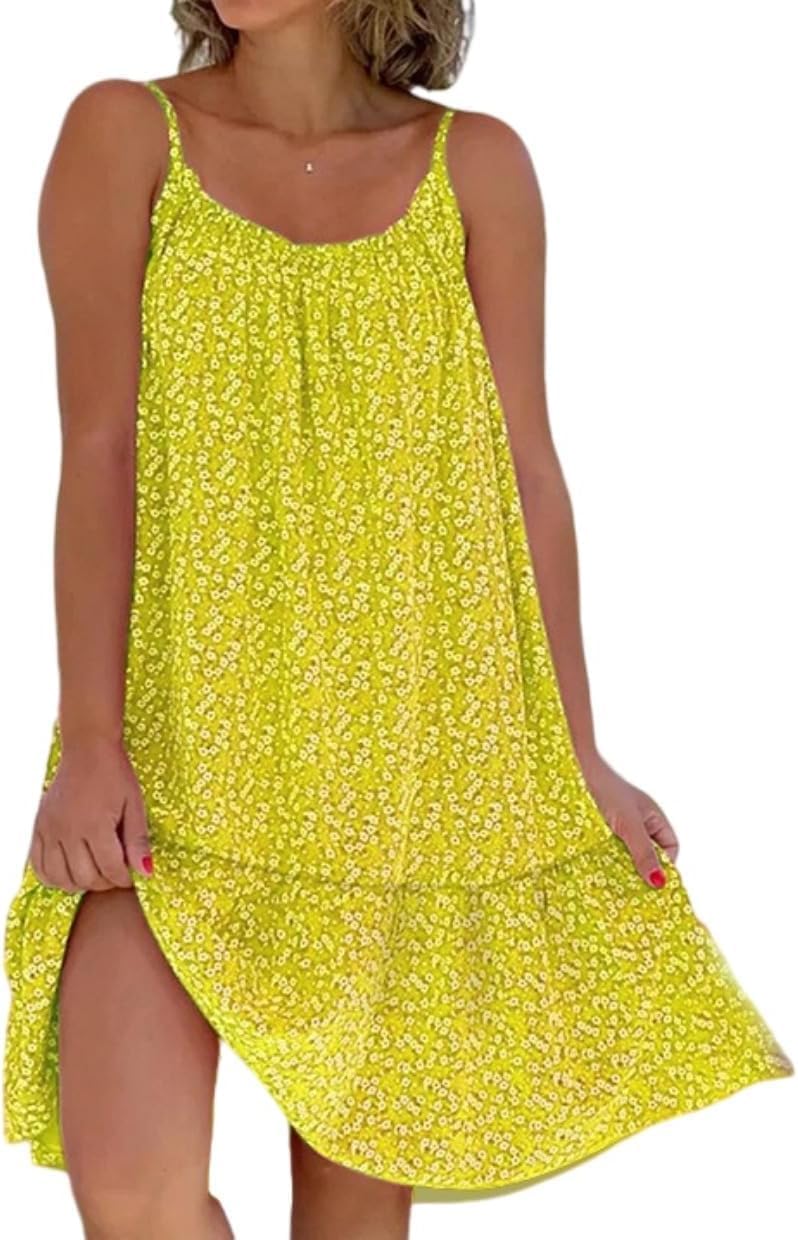 Summer Pink Cami Bloom Dress for Women,Pink Sundress,Boho Sun Beach Dresses,CamiBloom - Floral Printed Camisole Dress