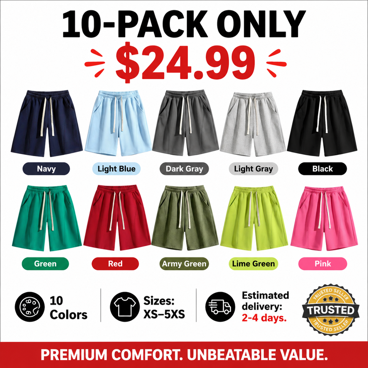 Special Offer: 10-Pack — Men's Solid-Color Pocket Shorts (Lightweight & Breathable)