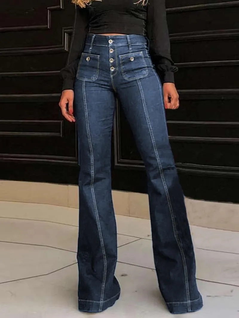 Women's Plain Button Pocket Flare Leg Jeans, Casual Bell Bottom Trousers for Daily Wear
