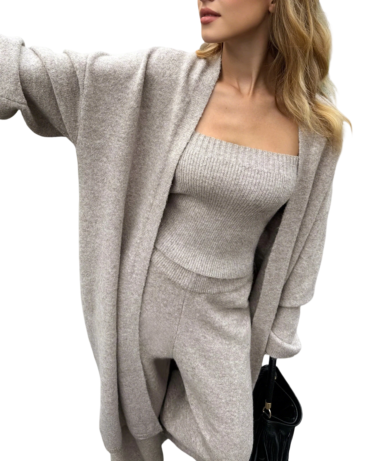 Three-Piece Knit Bustier Cardigan Pants Set