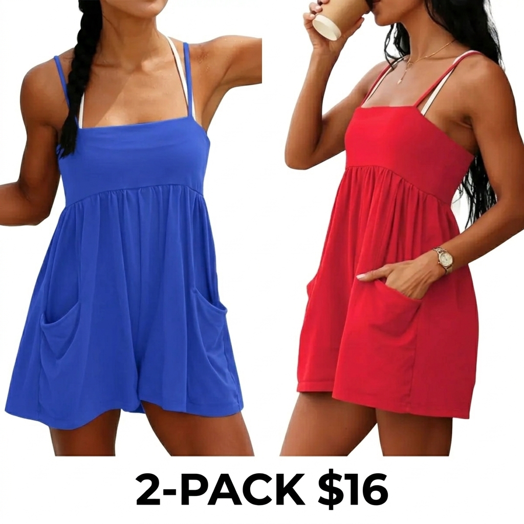 Women's Square Neck Backless Romper – Oversized Cotton Jumpsuit with Pockets & Adjustable Straps