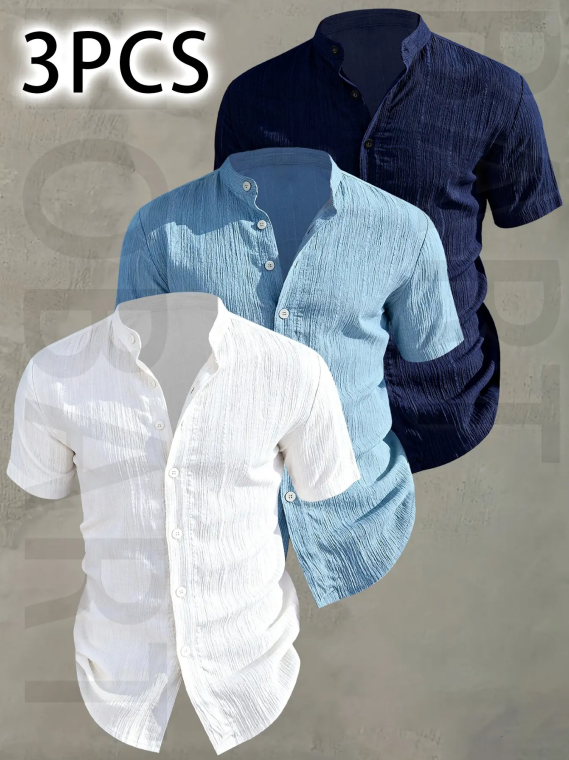 Men's Summer Short Sleeve Shirt - Lightweight Breathable Solid Color Button-Up Casual Shirt