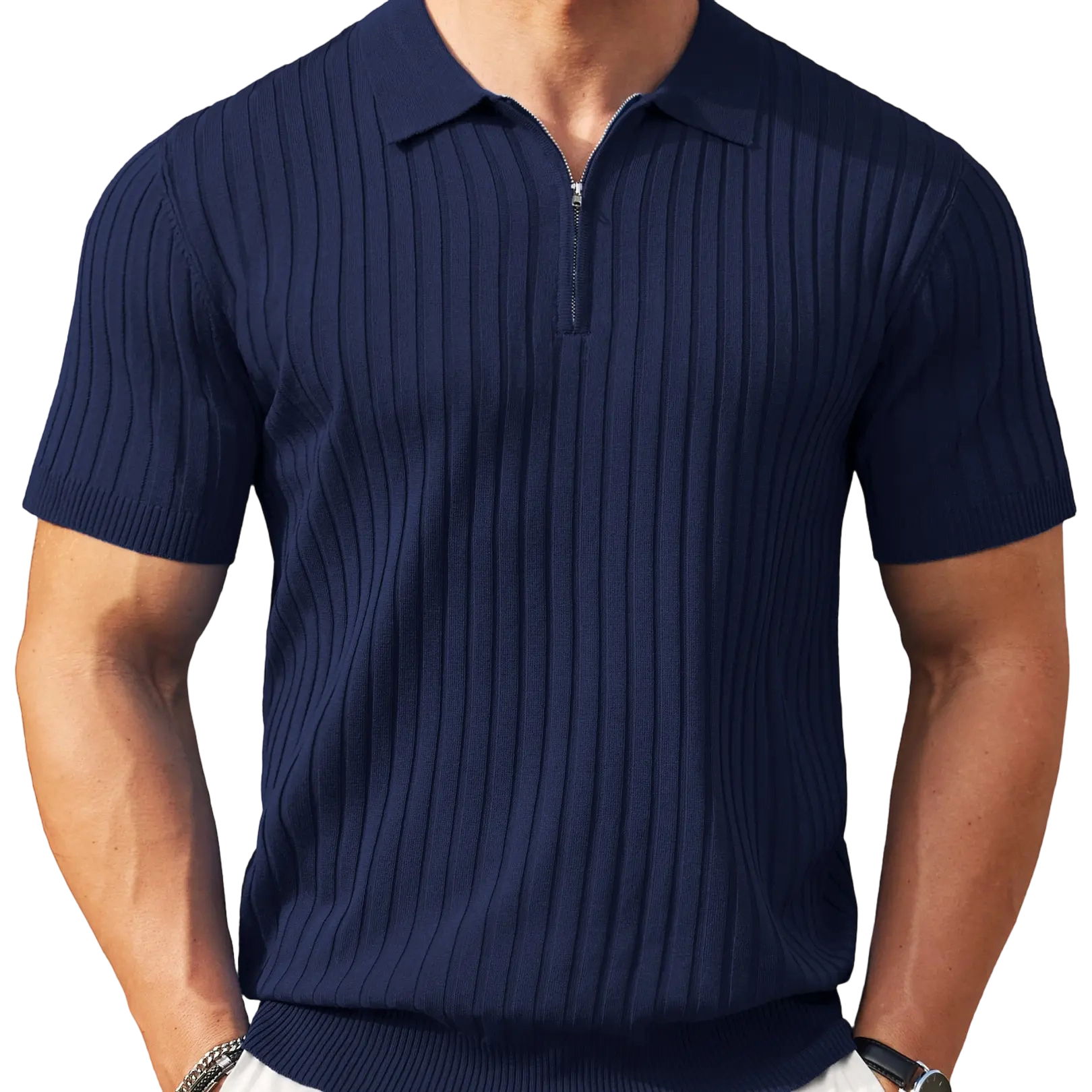 New York Fashion Week Men's Zipper Polo Shirts Short Sleeve Ribbed Knit Polo