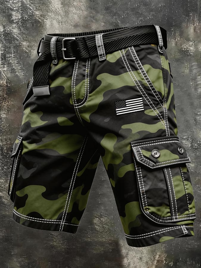 Men's Retro Camo Distressed Pocket Cargo Shorts (Belt Not Included)