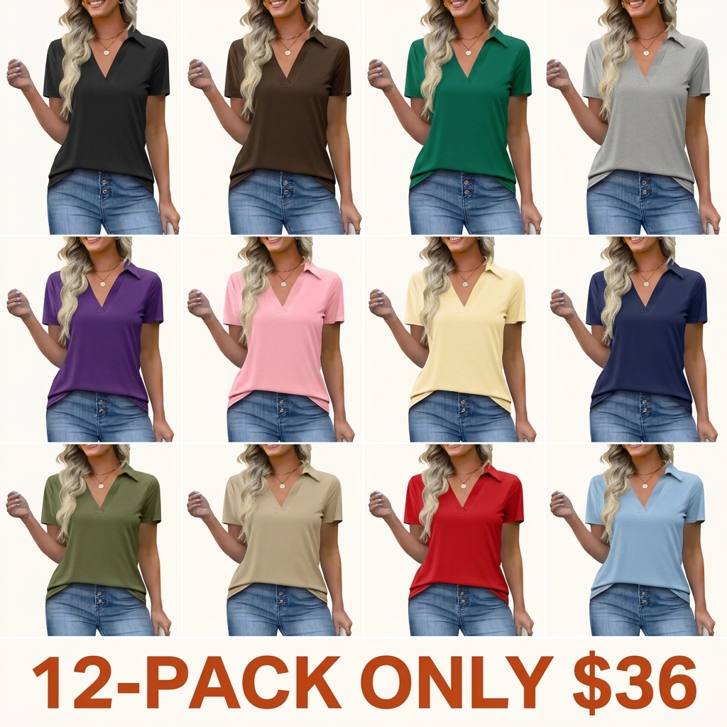 Women's Short-Sleeve Slim-Fit Lightweight Polyester V-Neck Polo Shirt