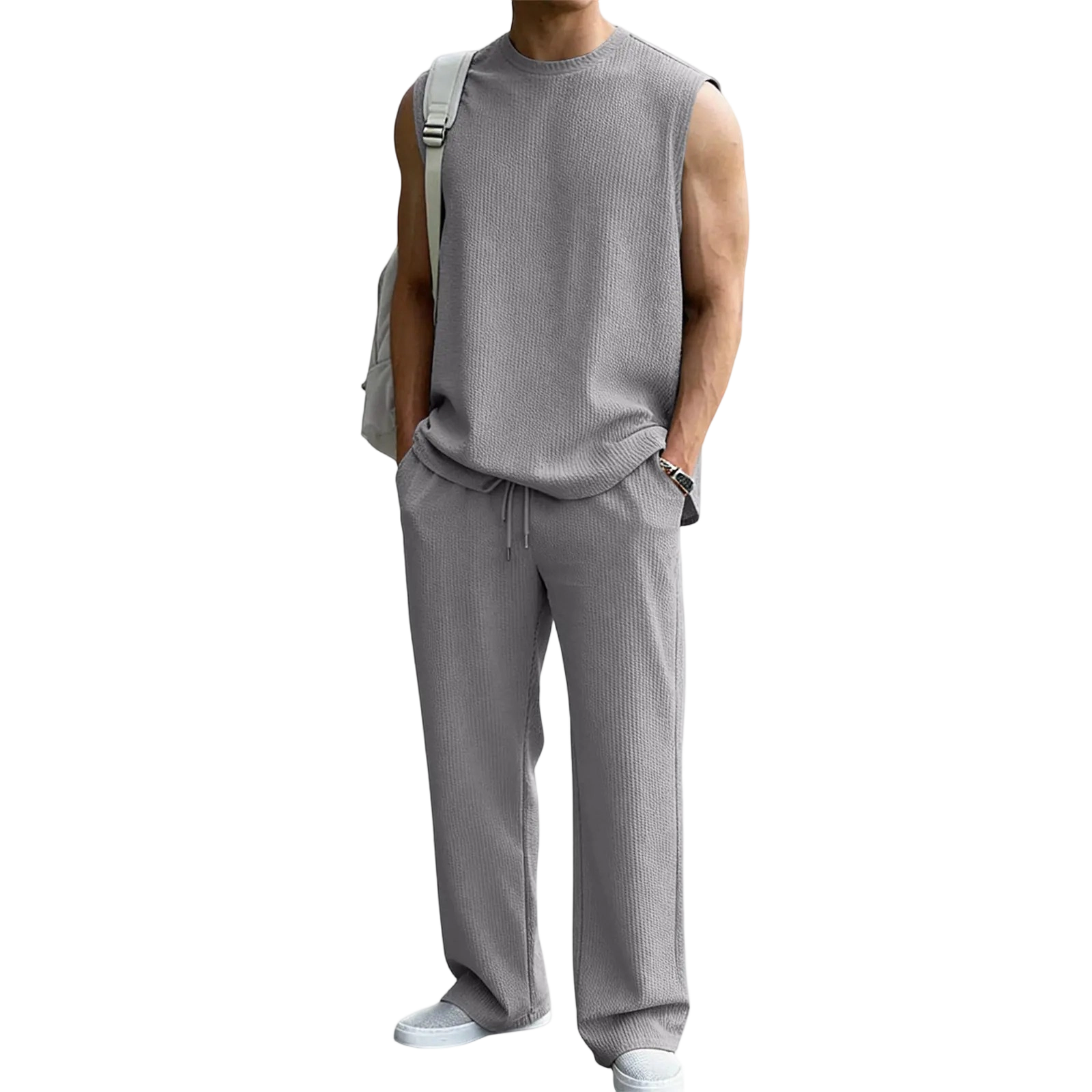 Men's 2 Piece Rib Knit Sweatsuit Sleeveless Tank Top & Baggy Wide Leg Pants