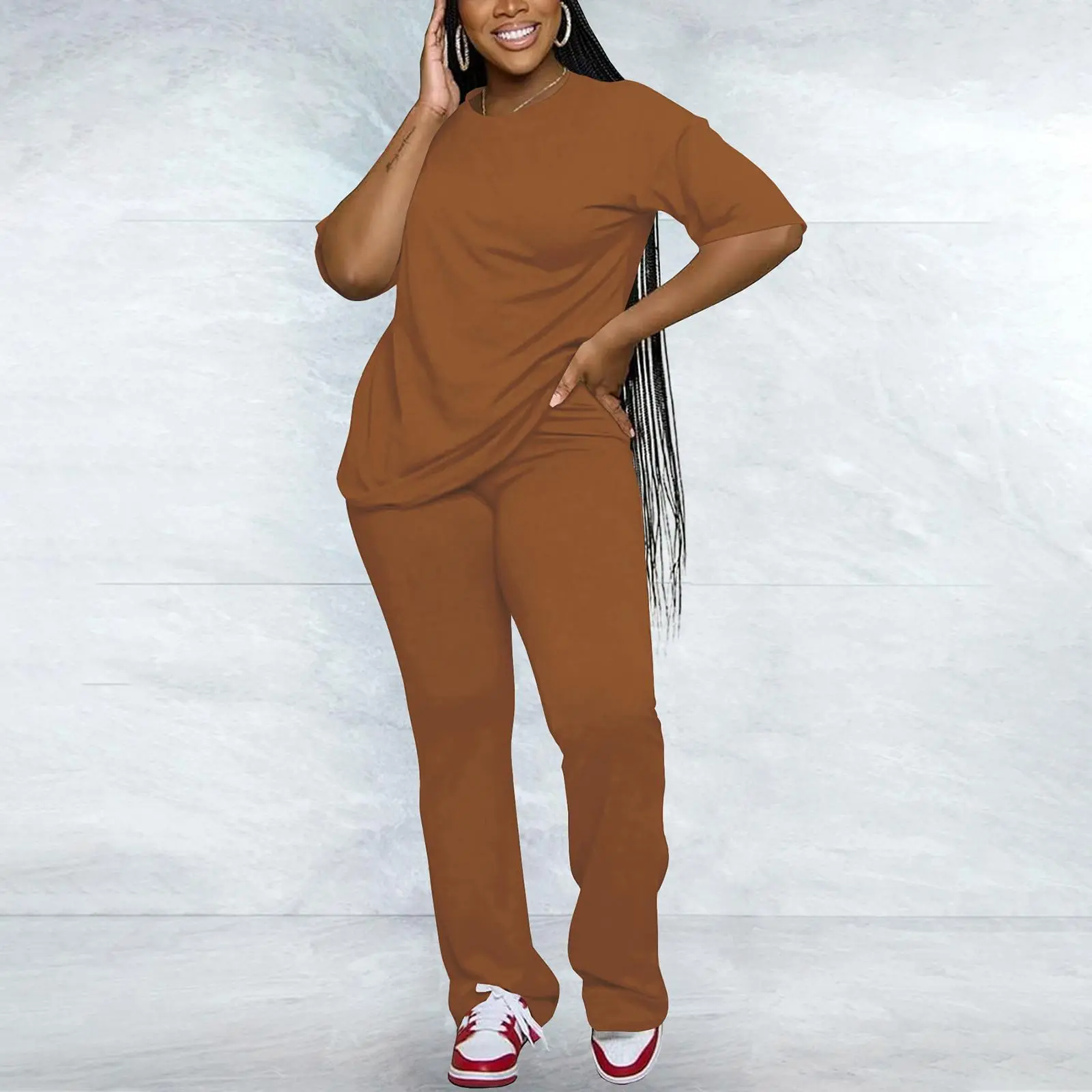 Women's Solid Drop Shoulder Tee & Pants Two-piece Set