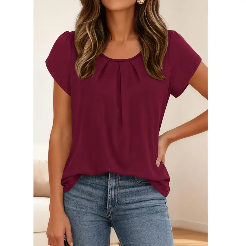 Women's Basic Crew Neck T-Shirt with Pleats