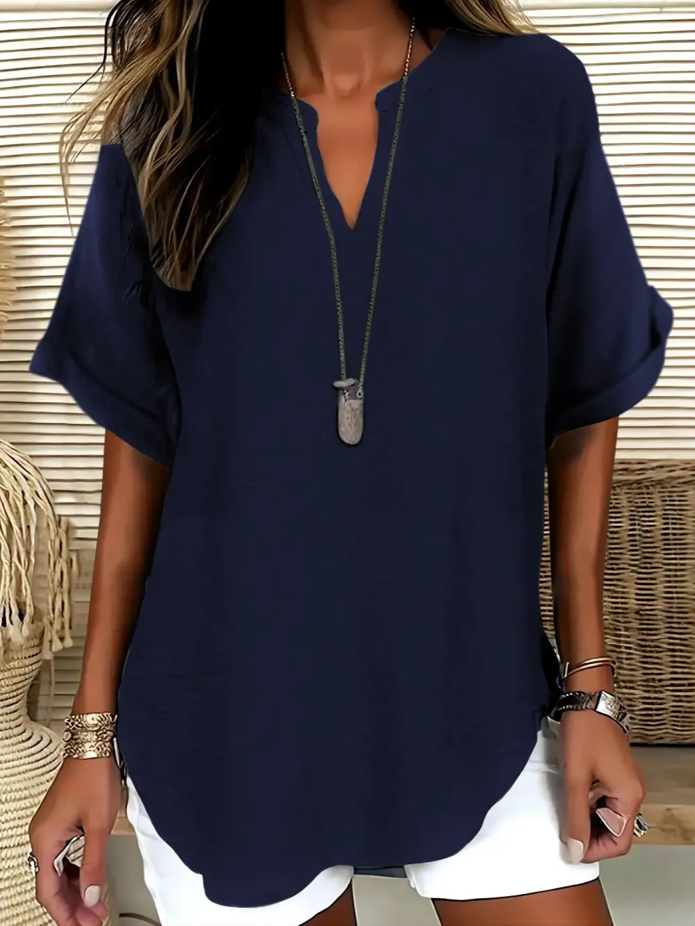 Women's solid color short-sleeved shirt, suitable for everyday wear, all year round