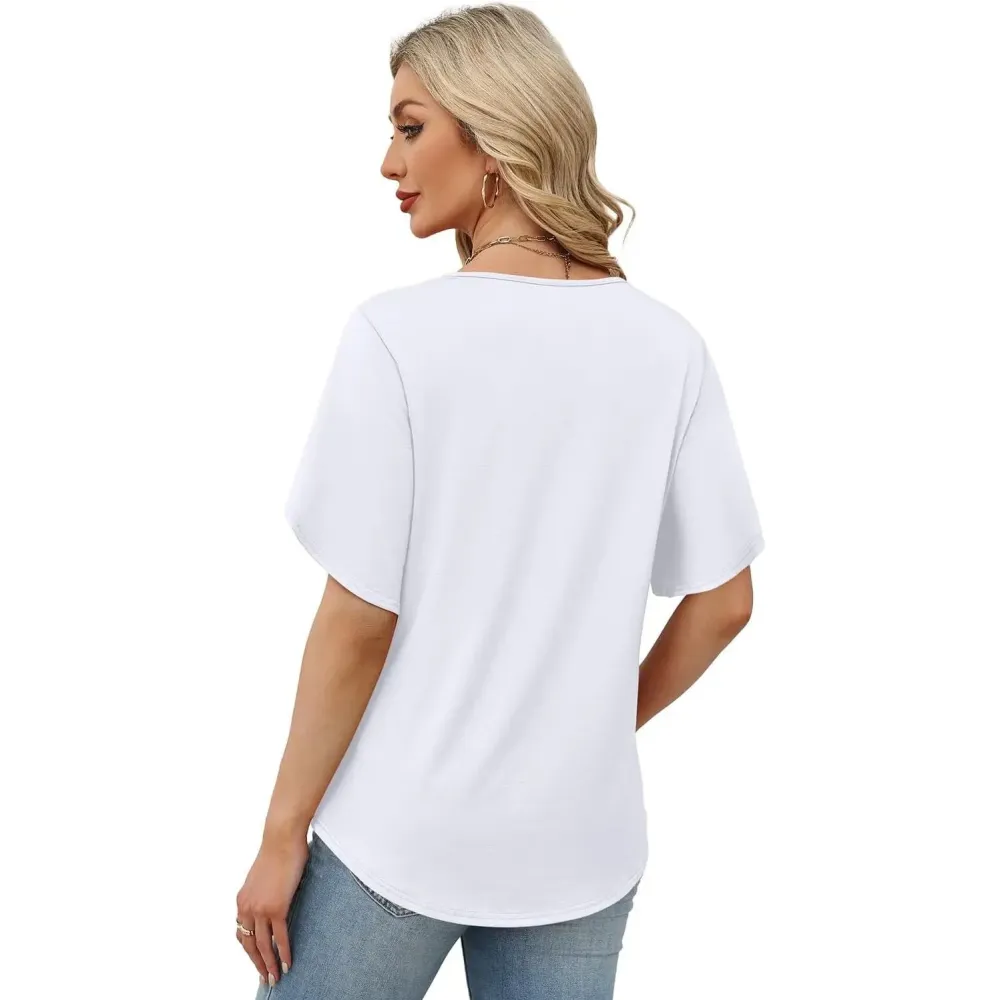 Womens Short Sleeve V Neck Dolman Tops with Side Shirring Loose Fit Shirts