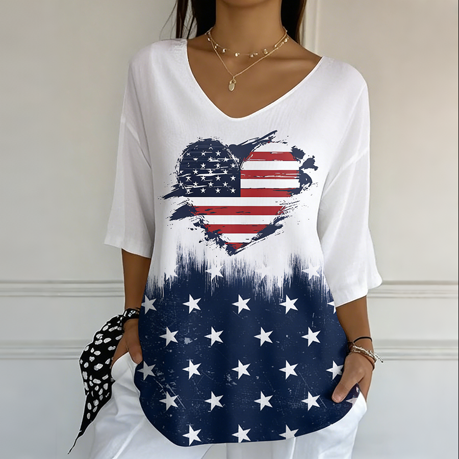 Ladies' Casual American Flag Print V-Neck Half Sleeved T-Shirt