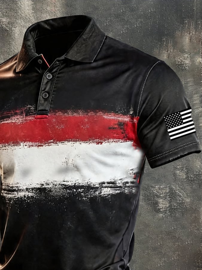 Men's Retro Patriotic Color-Block Short-Sleeve Polo Shirt