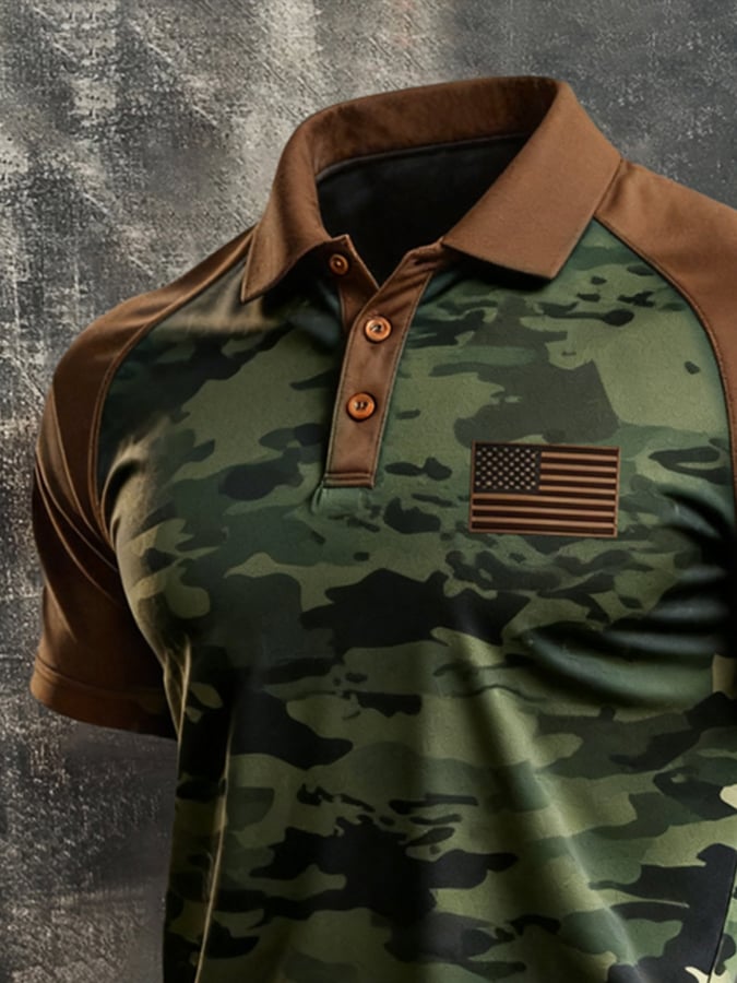 Men's Retro Patriotic Color-Block Short-Sleeve Polo Shirt