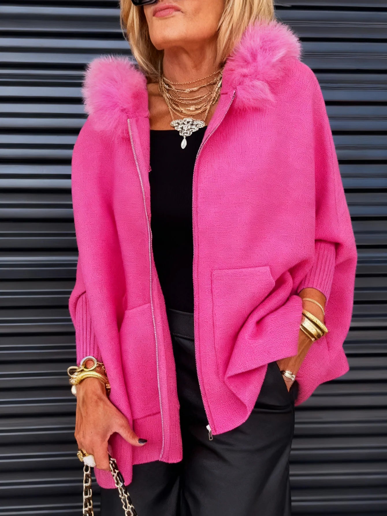 Women Fur Collar Solid Color Casual Jacket