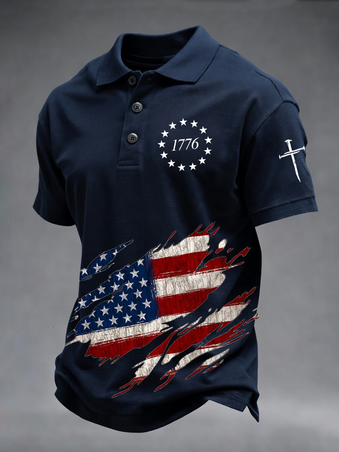 Men'S Retro American Flag Independence Day Print Casual Polo Shirt