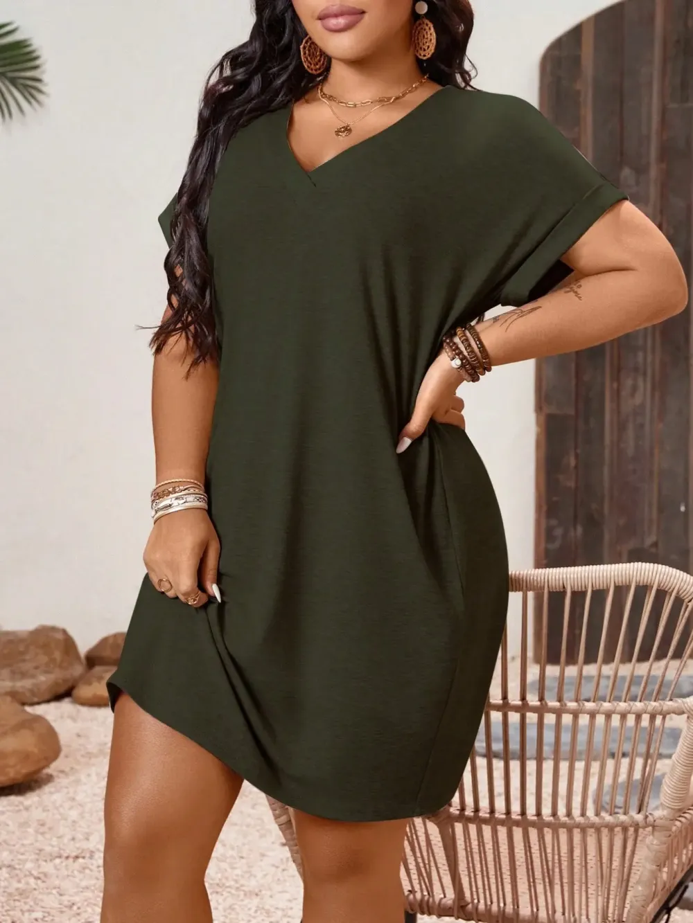 🔥8-PACK $24🔥Plus Size Women's V Neck Batwing Sleeve Loose T-Shirt Dress