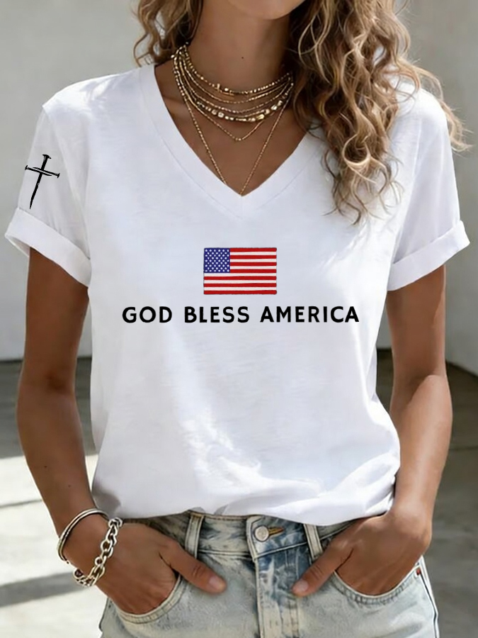 Women's God Bless America Print Casual T-Shirt