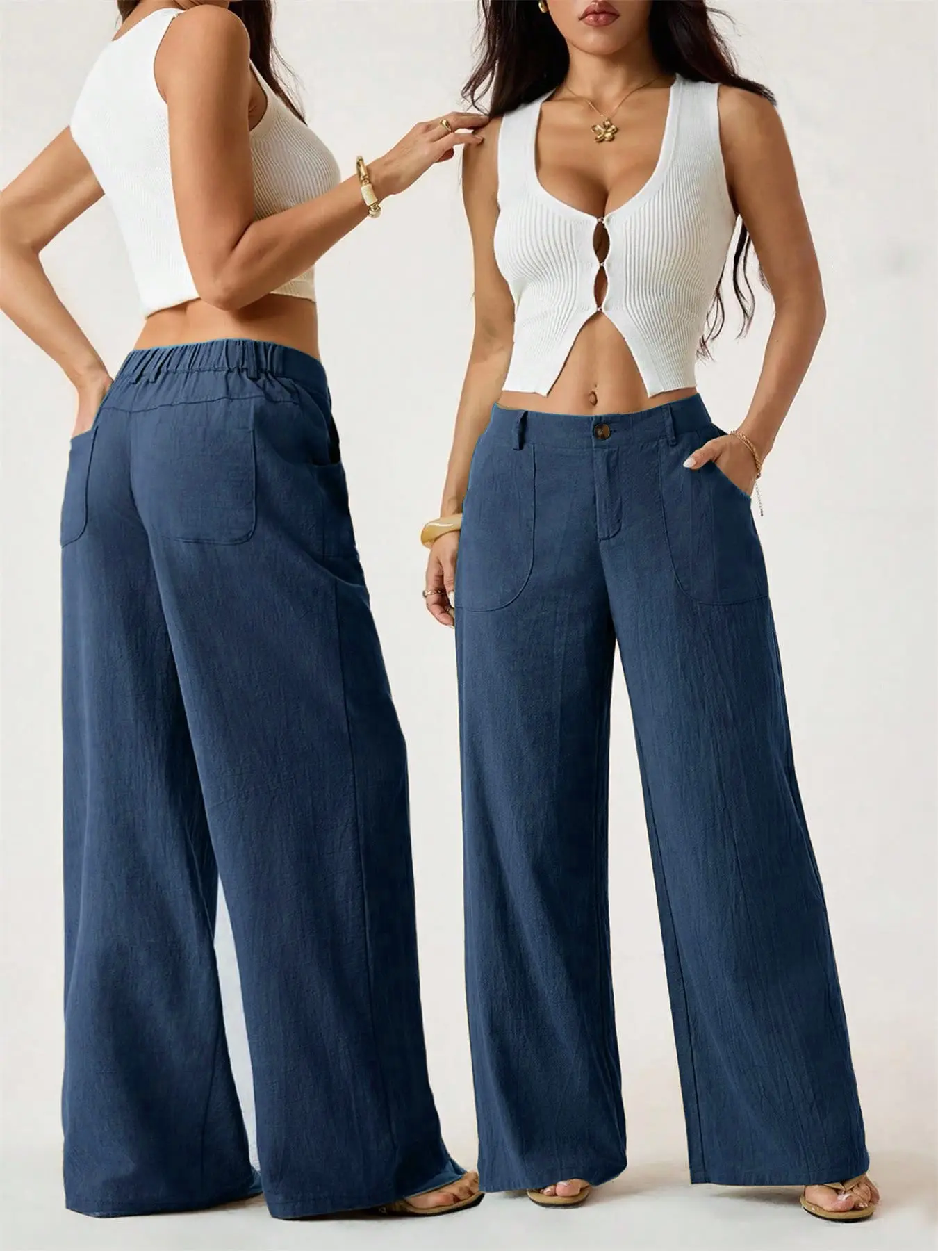 Women's Classical Linen Palazzo Pants Summer Flowy Wide Straight Leg Beach Trousers With Pocket Casual Solid Color Soft Elastic High Waist Lounge Pants Travel Vacation Bottoms Date Brunch Home Work Streetwear Outfit