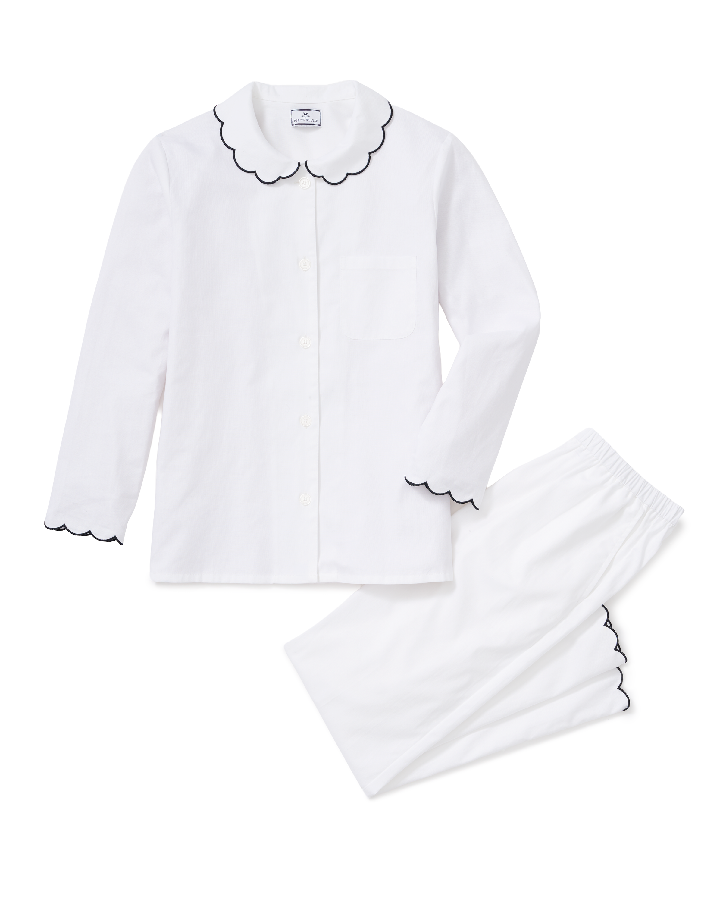 Women's Twill Colette Pajama Set in White with Navy Piping