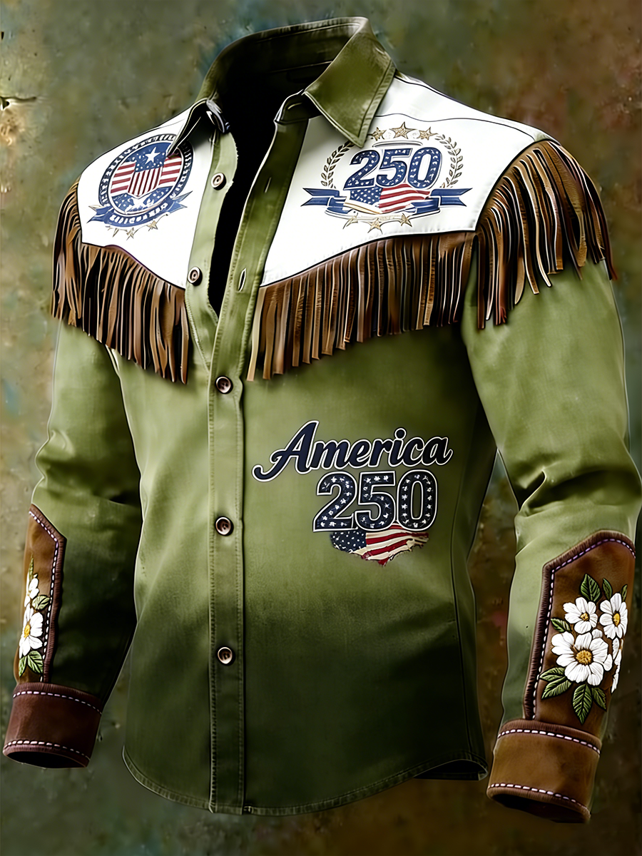 Men's America 250 Gradient Patriotic American Flag & Daisy Embroidered Western Fringe Shirt