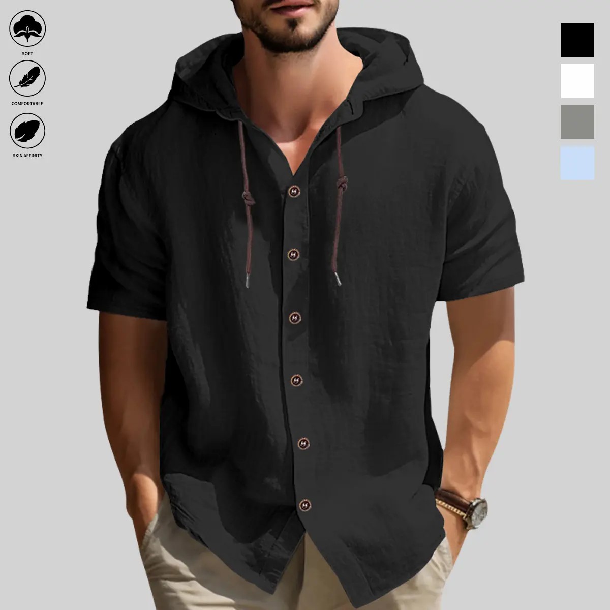 Men’s Hooded Button-Up Outdoor Shirt – Casual Long Sleeve Hiking Top