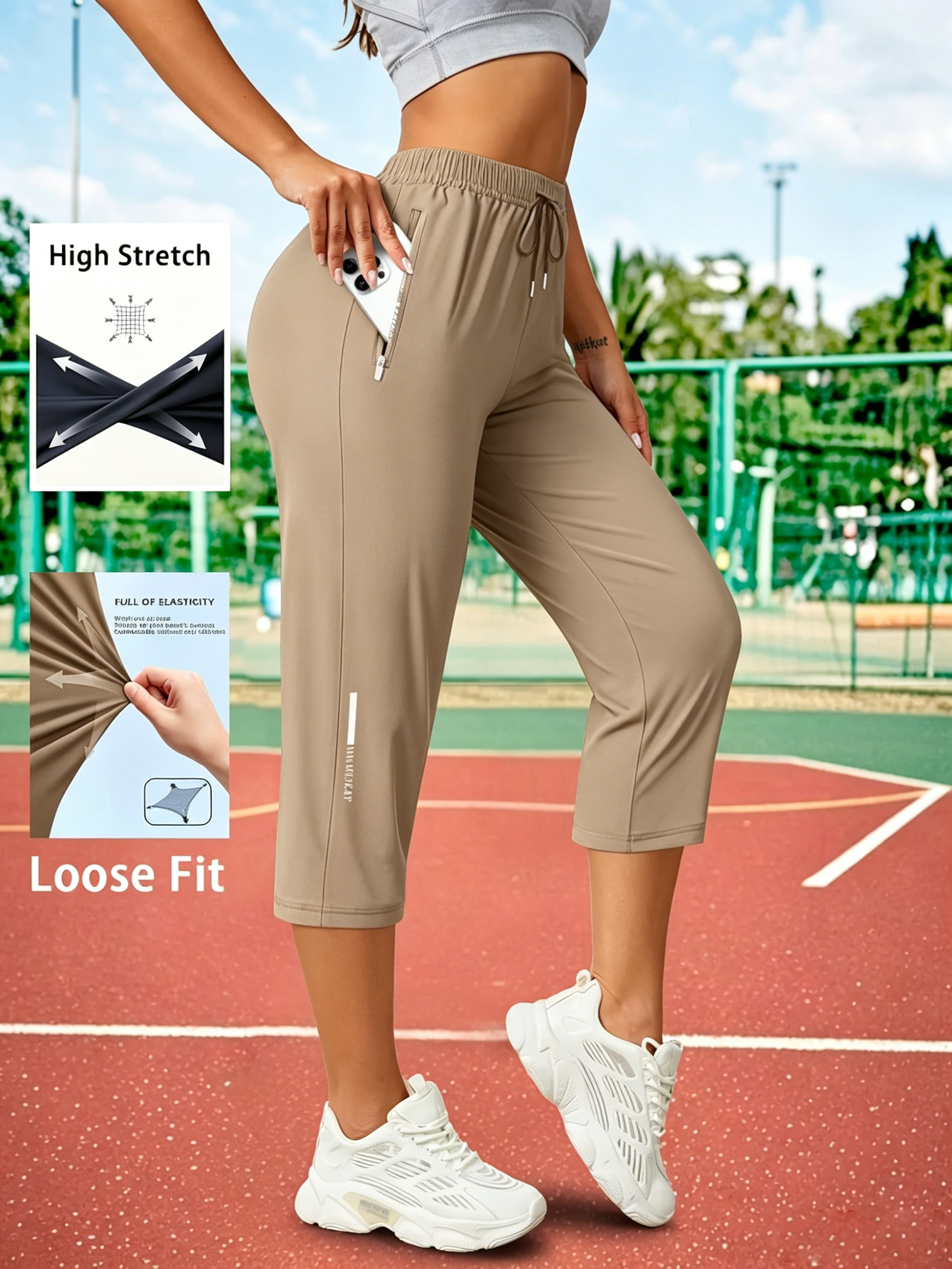 Women's Capris Pants - Loose Fit, Summer Drawstring Waist, Zippered Pockets